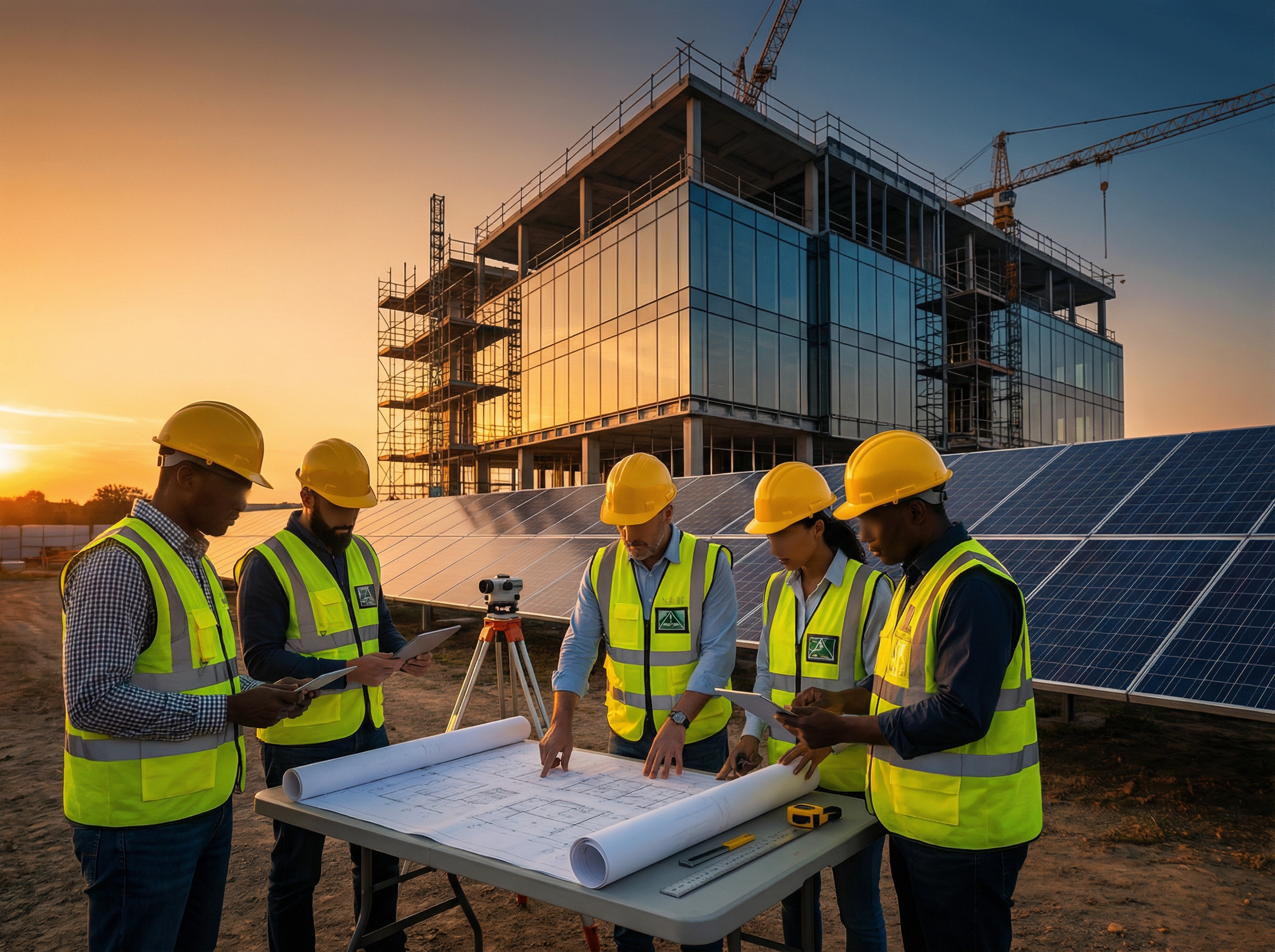 Leadership team overseeing solar panel installation